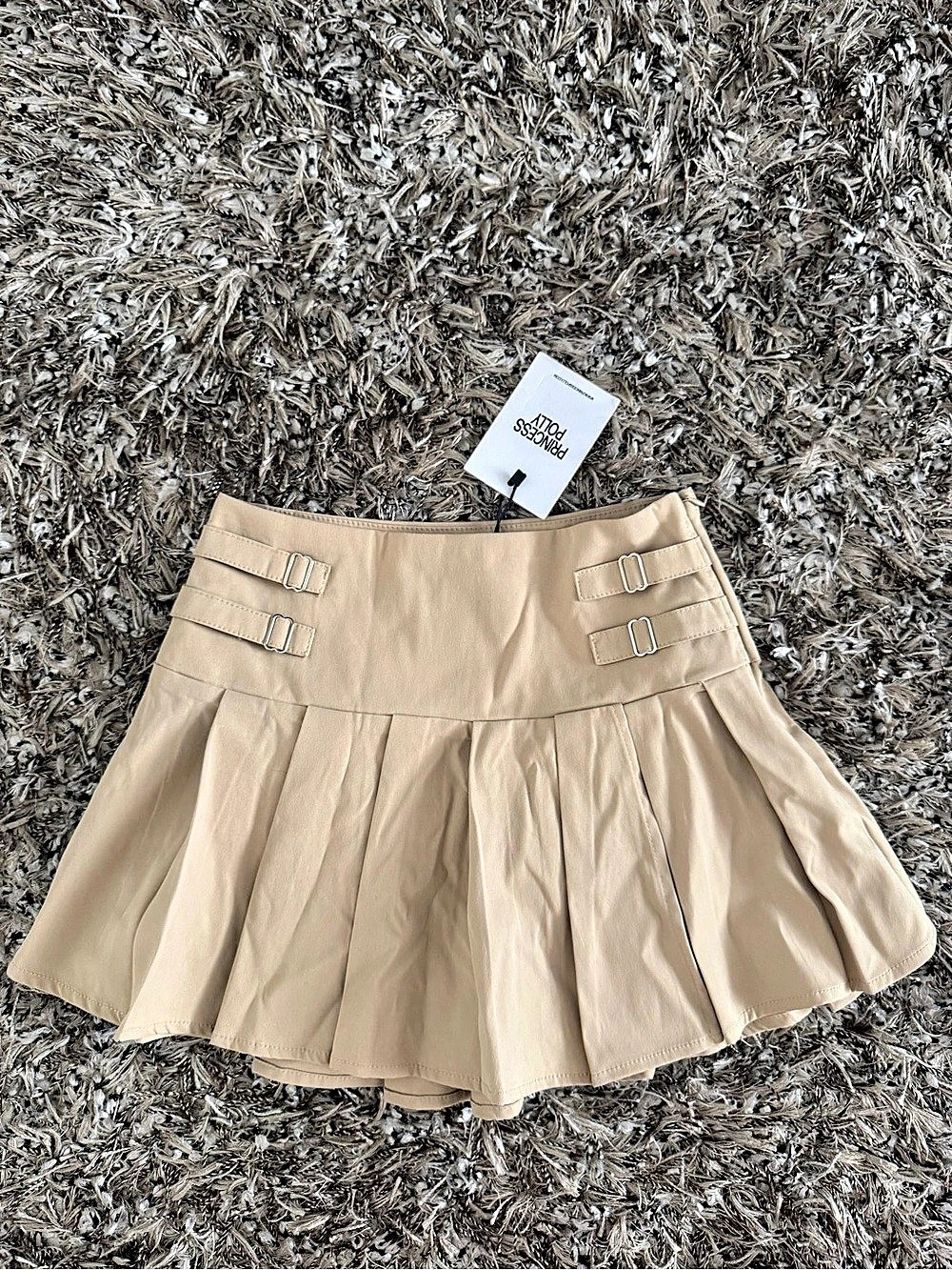 Princess Polly Cartwright Mini Skirt Pleated Mini Skirt in Beige Size 2 NWT